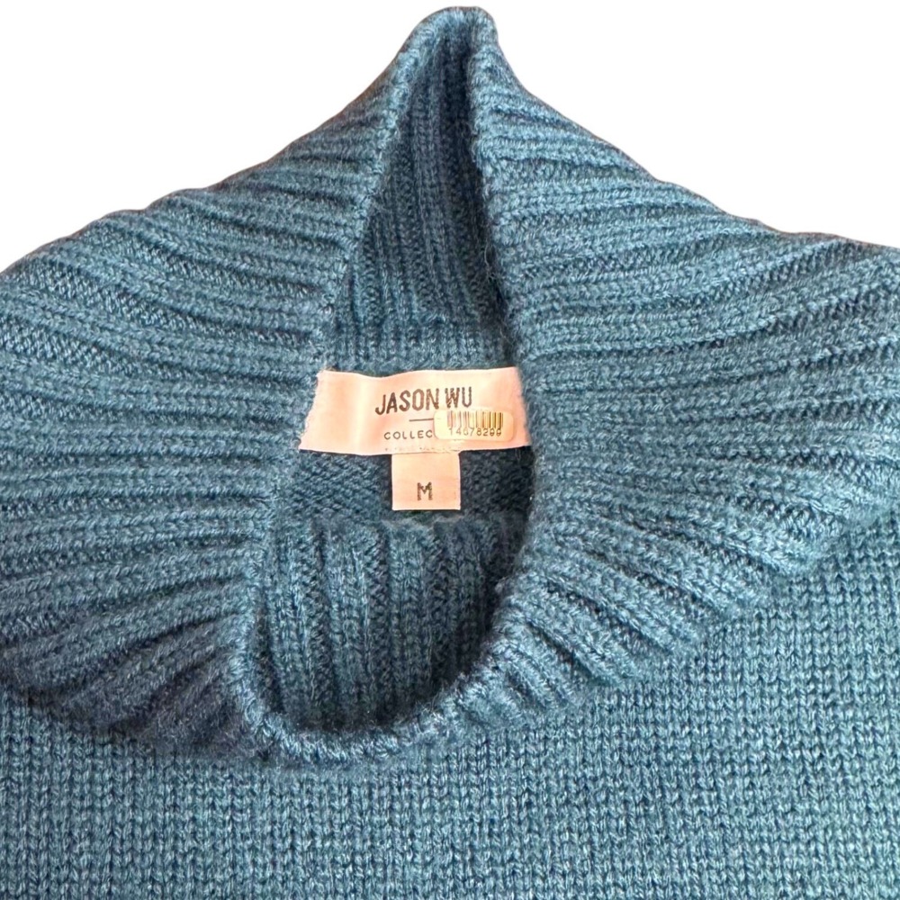 Jason Wu Mock Neck Sweater Teal Ribbed Wool Blend M Cabincore Chunky Chic Cozy - Picture 6 of 13